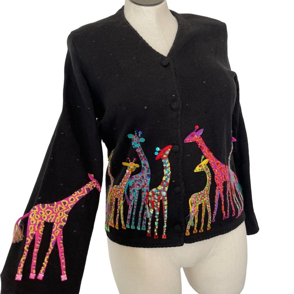 Michael Simon Cardigan Colorful Giraffes Sequins Wearable Art Vintage Size Large